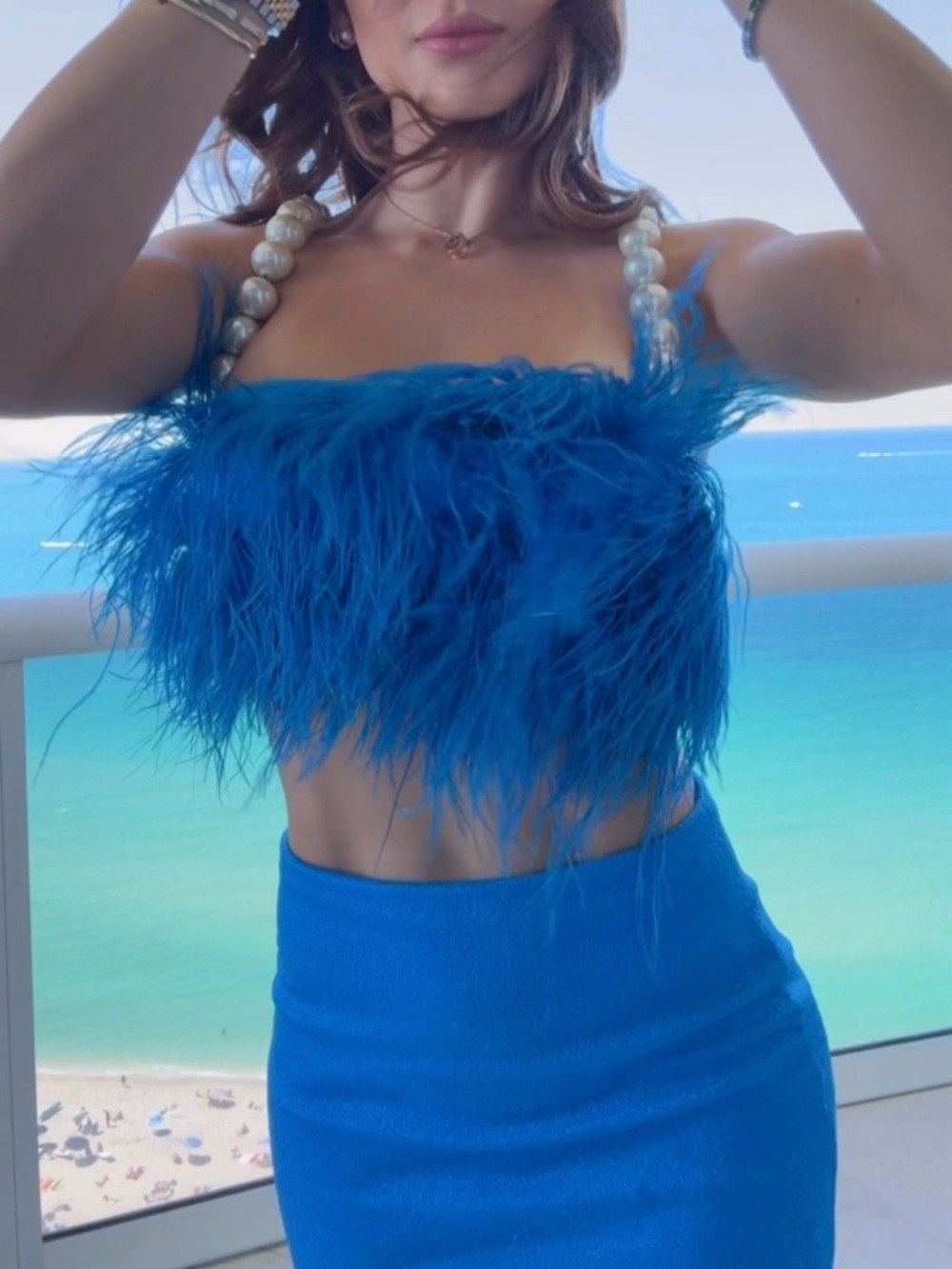 PatBO Blue Feather Cropped Top with Pearl Straps